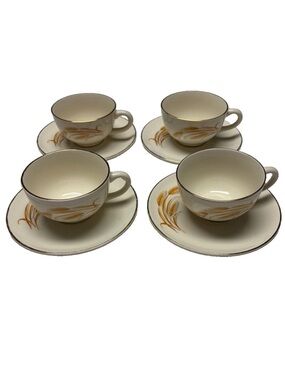 VTG Homer Laughlin Golden Wheat set of 4 cups & saucers-22kt gold edge
